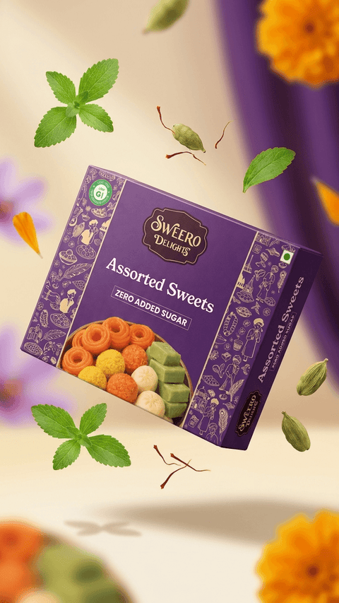 Zero added sugar assorted sweets box by Sweero Delights with stevia, cardamom and mint leaves in creative floating design
