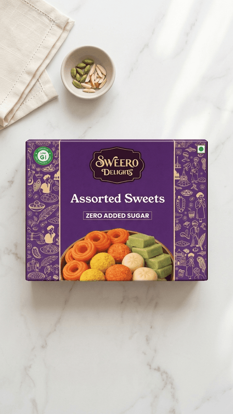 Zero added sugar assorted sweets gift box by Sweero Delights with pista and almond on marble background