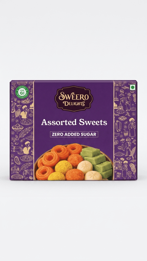 Zero added sugar assorted sweets gift box by Sweero Delights with stevia on white background