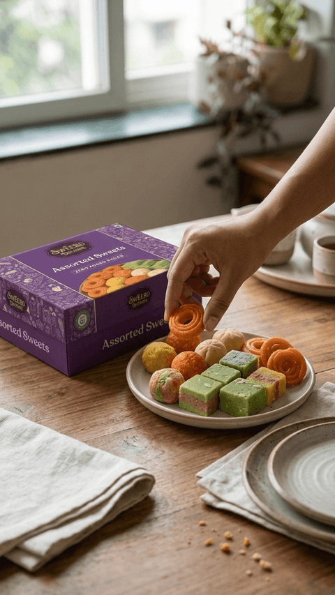 Hand picking zero added sugar assorted sweets from plate with Sweero Delights box in background