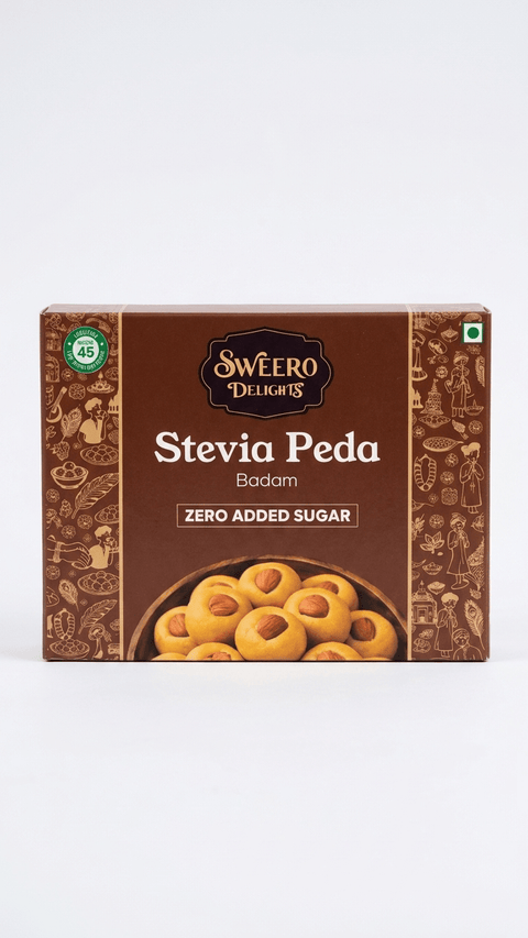 Zero added sugar badam peda by Sweero Delights made with stevia, almond Indian sweet box front view