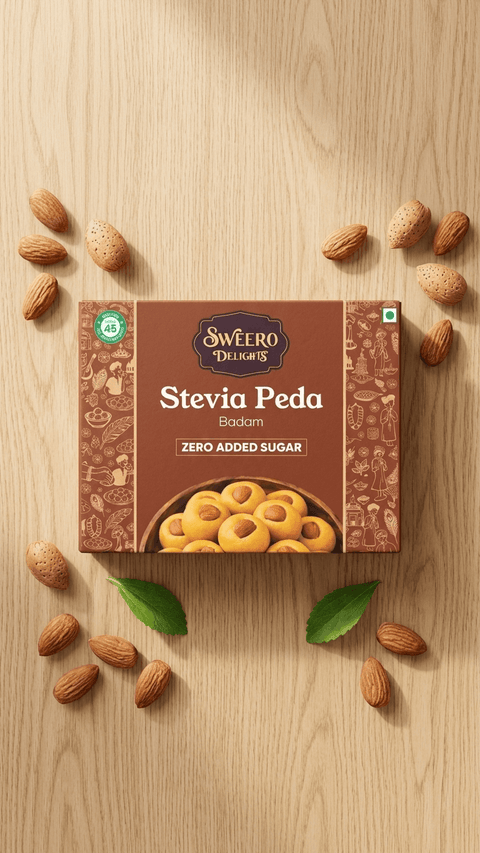 Zero added sugar badam peda by Sweero Delights made with stevia, almond Indian sweet box on wooden surface