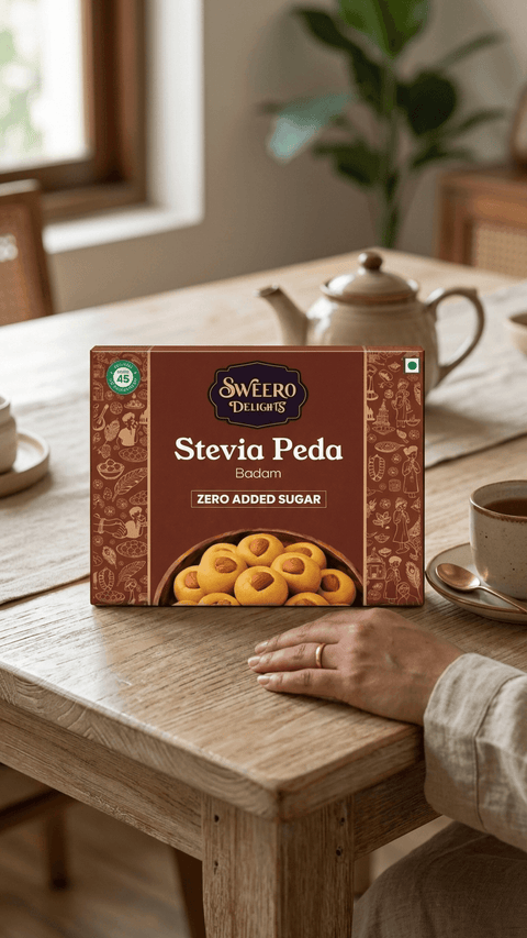 Zero added sugar badam peda by Sweero Delights served on table during tea time with cup and kettle