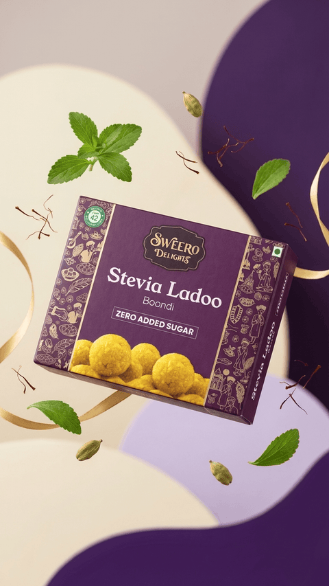 Creative floating shot of zero added sugar boondi ladoo made with stevia by Sweero Delights