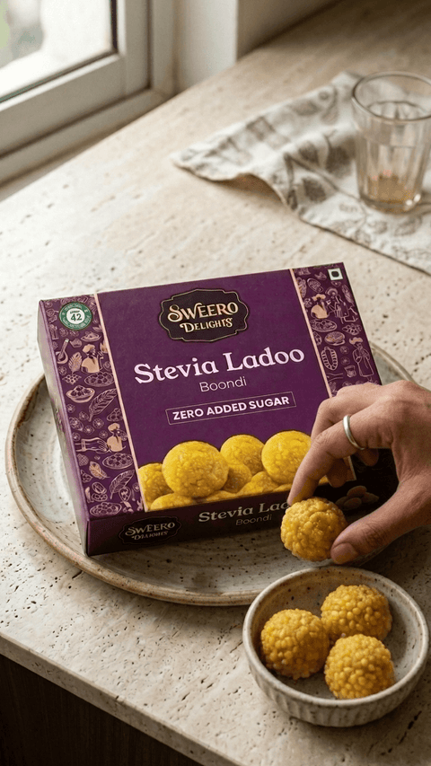 Hand picking zero added sugar boondi ladoo sweetened with stevia by Sweero Delights