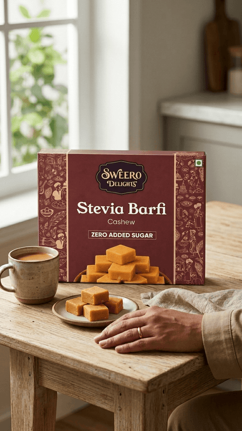 Serving zero added sugar cashew barfi by Sweero Delights with tea on table in home setting