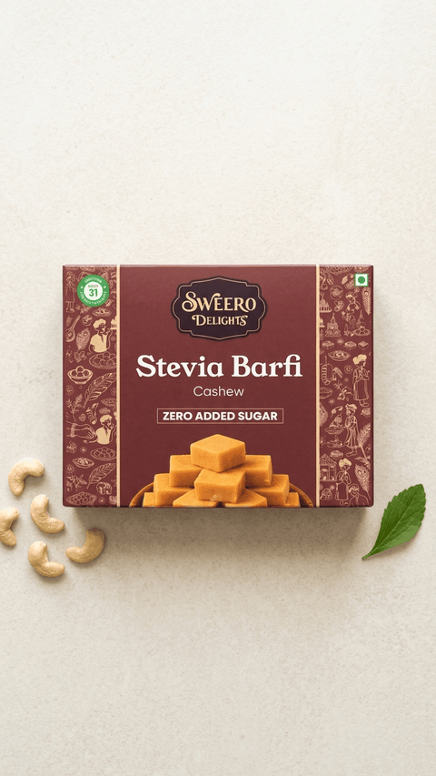 Zero added sugar cashew barfi by Sweero Delights made with stevia in premium sweet box with whole cashews