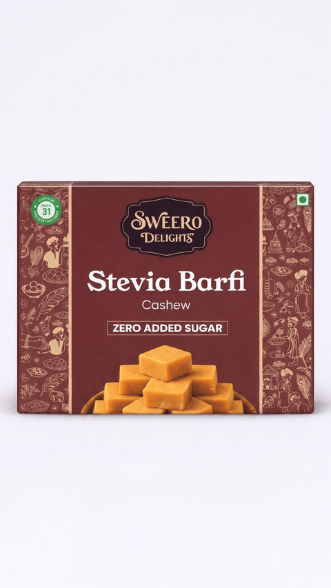 Close-up of zero added sugar cashew barfi by Sweero Delights made with stevia in premium sweet box