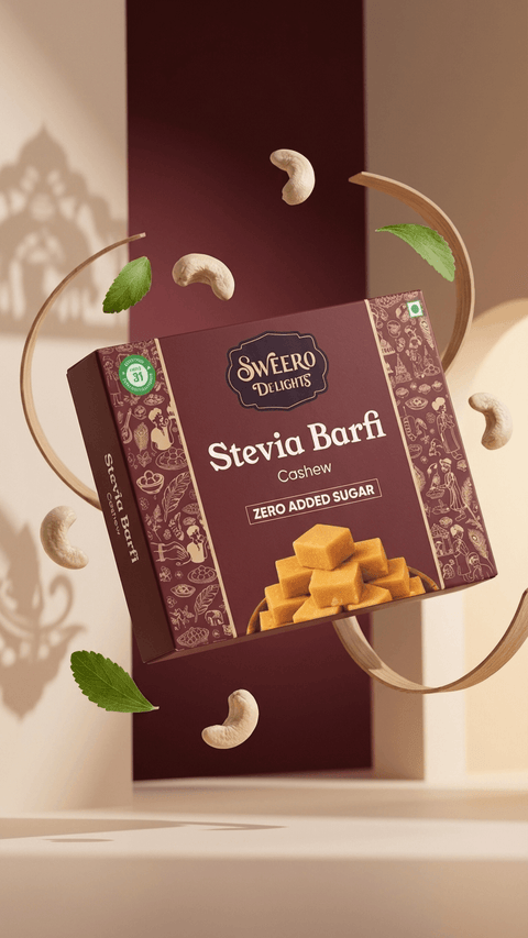 Creative floating image of zero added sugar cashew barfi by Sweero Delights made with stevia and garnished with cashew nuts