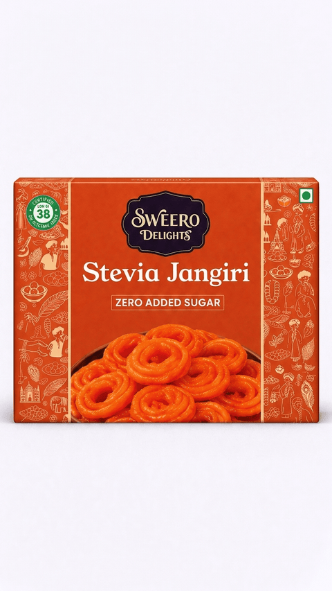 Front view of zero added sugar jangiri box by Sweero Delights with stevia on white background
