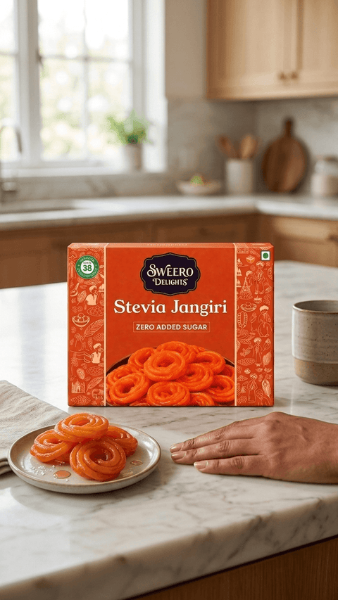 Zero added sugar jangiri by Sweero Delights served on plate in kitchen setting with tea