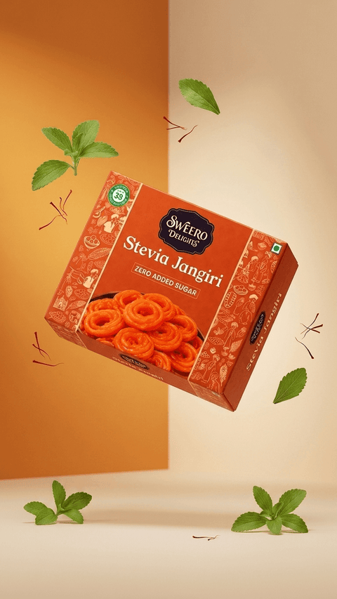 Zero added sugar jangiri by Sweero Delights with stevia in creative floating design with mint leaves