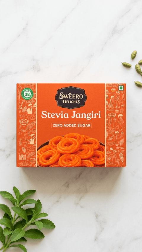 Zero added sugar jangiri by Sweero Delights with stevia on white marble background