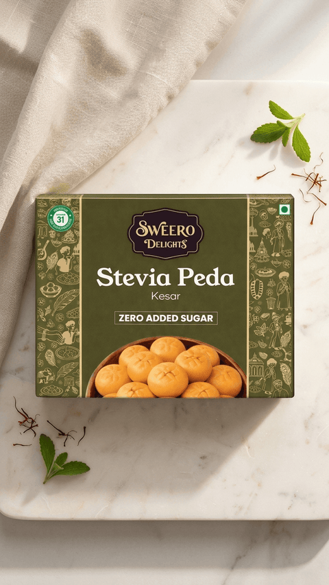 Premium kesar peda Indian sweet box with no added sugar placed on marble surface