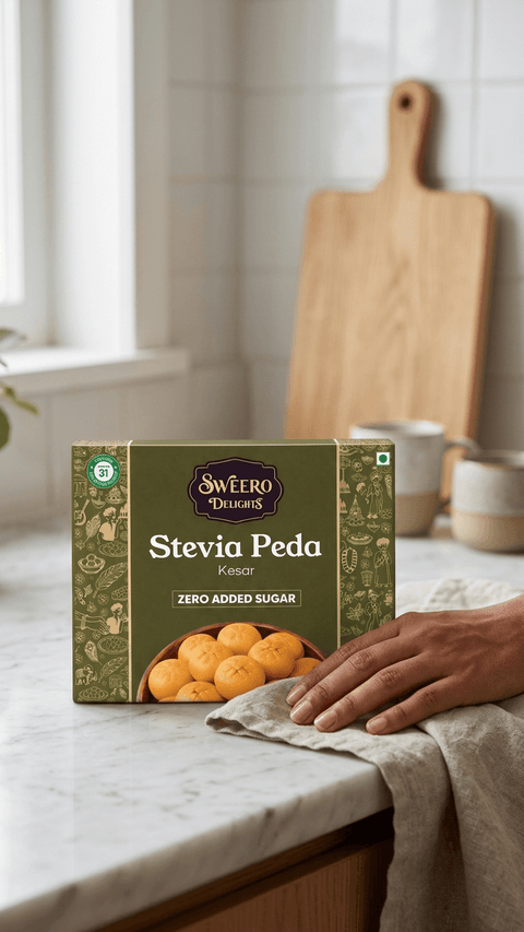 Healthy kesar peda sweet made with stevia by Sweero Delights in home kitchen setting