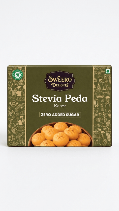 Kesar peda box front view with zero added sugar made using stevia by Sweero Delights