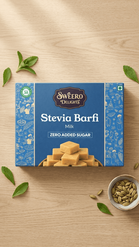 Zero added sugar milk barfi by Sweero Delights made with stevia in premium sweet box on wooden background