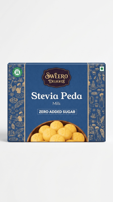 Front view of zero added sugar milk peda box by Sweero Delights with stevia on white background
