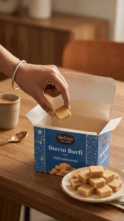 Taking zero added sugar milk peda by Sweero Delights from box and serving on plate in home setting