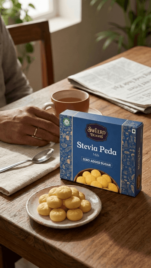 Zero added sugar milk peda by Sweero Delights served on plate with tea in home setting