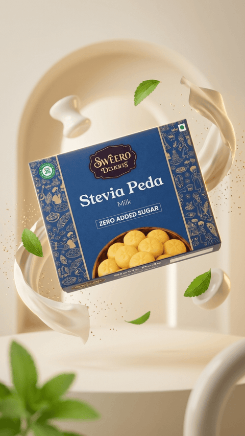 Zero added sugar milk peda by Sweero Delights with stevia in creative floating design with milk splash