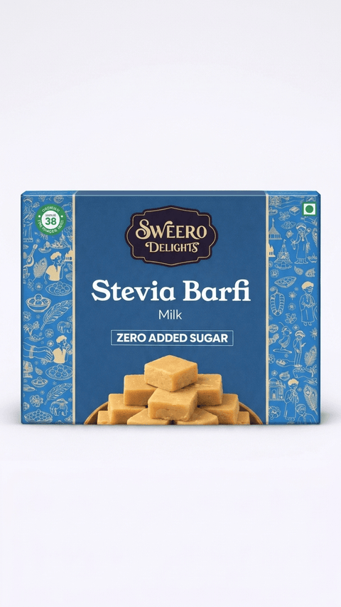 Zero added sugar milk peda by Sweero Delights made with stevia in premium sweet box on white background