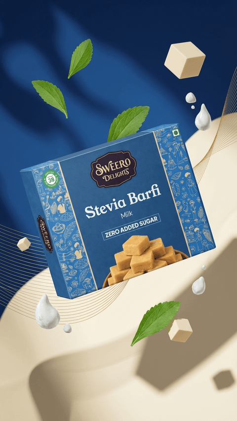 Creative floating image of zero added sugar milk peda by Sweero Delights made with stevia and milk elements
