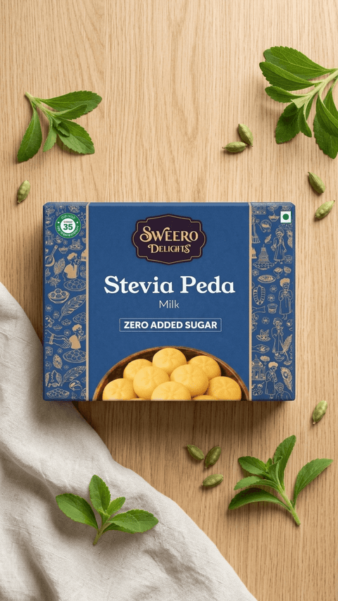 Zero added sugar milk peda by Sweero Delights with stevia on wooden background