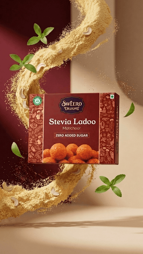 Zero added sugar motichoor ladoo with besan and cashew elements by Sweero Delights