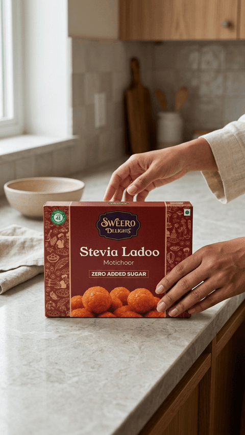 Motichoor ladoo zero added sugar sweet by Sweero Delights being served at home