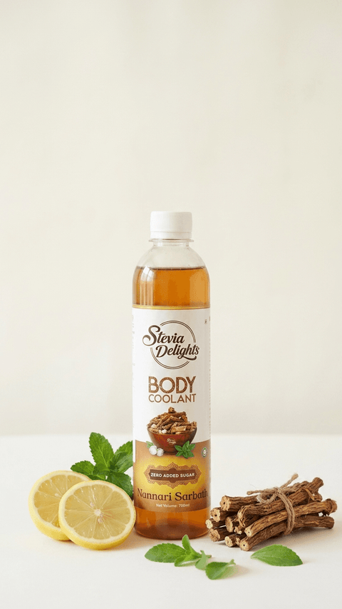 Zero added sugar nannari sarbath body coolant by Stevia Delights with lemon and herbs