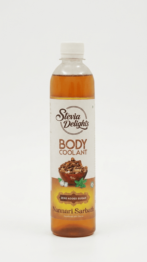 Front view of zero added sugar nannari sarbath bottle by Stevia Delights body coolant on white background