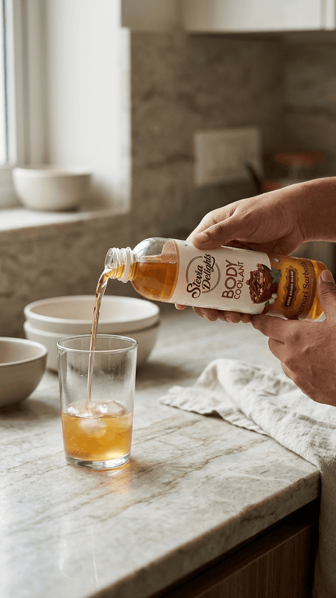 Pouring zero added sugar nannari sarbath by Stevia Delights into glass with ice in kitchen setting