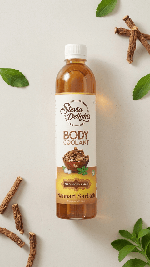 Zero added sugar nannari sarbath by Stevia Delights body coolant with herbal roots and mint