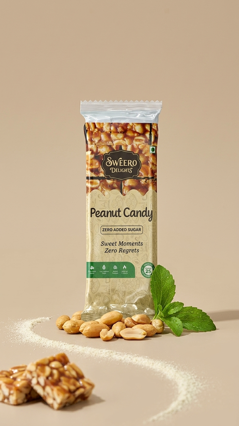 Sweero Delights Stevia Peanut Candy packaging on a beige background with peanuts and a leaf.
