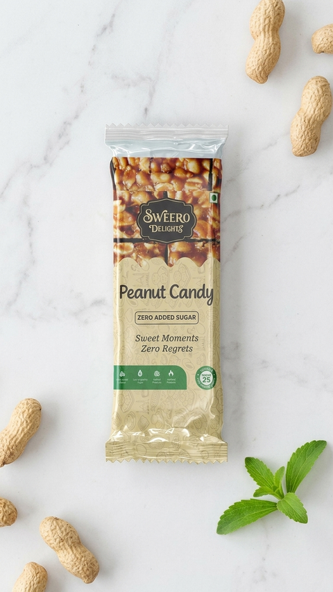 Sweero Delights Stevia Peanut Candy packaging on a marble surface with peanuts around