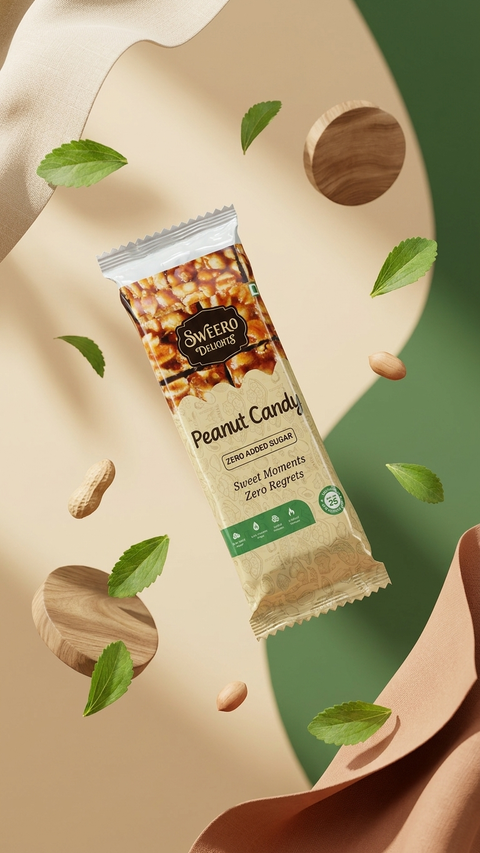 Sweero Delights Stevia Peanut Candy packaging on a decorative background with leaves