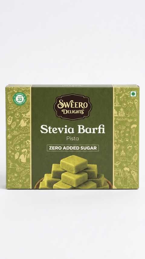 Front view of zero added sugar pista barfi box by Sweero Delights with stevia on white background