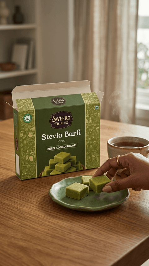 Hand picking zero added sugar pista barfi by Sweero Delights from plate with tea on table