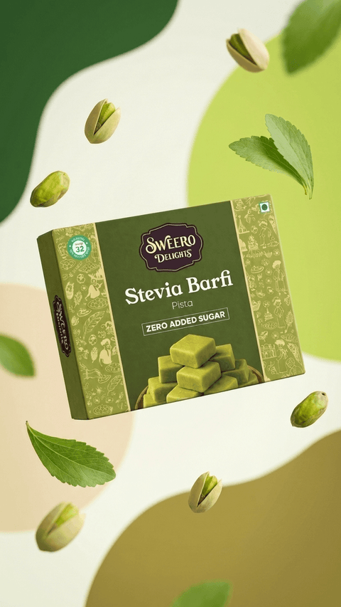 Zero added sugar pista barfi by Sweero Delights with stevia and pistachios in creative floating design