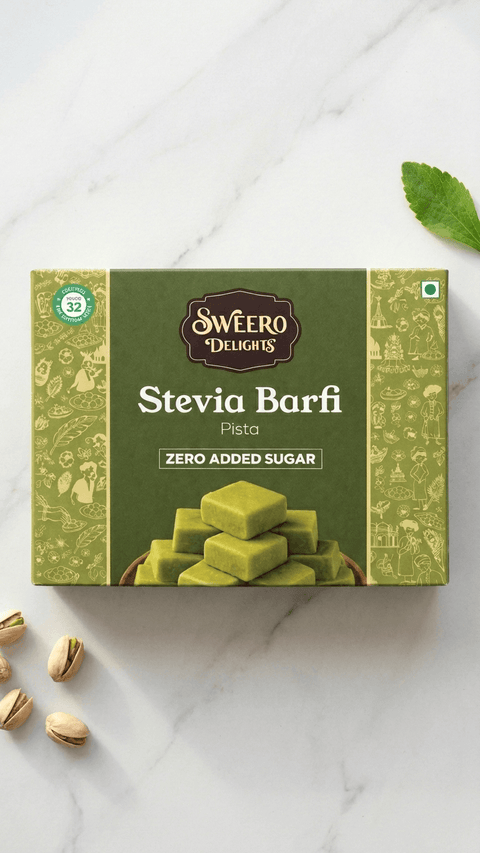 Zero added sugar pista barfi by Sweero Delights with stevia on white marble background