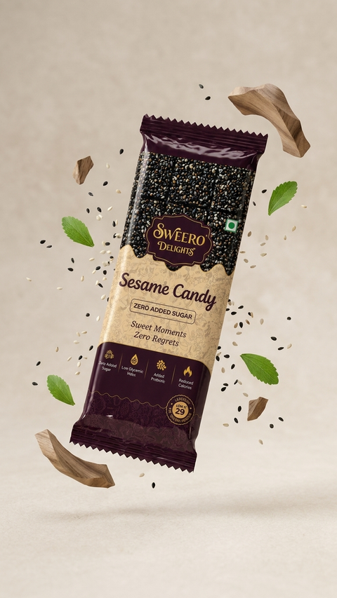 Sweero Delights Stevia Sesame Candy packaging on a beige background with sesame seeds and leaves.
