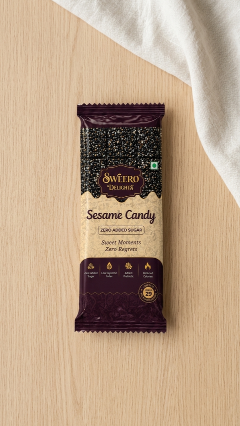 Sweero Delights Stevia Sesame candy package on a wooden surface with a white cloth
