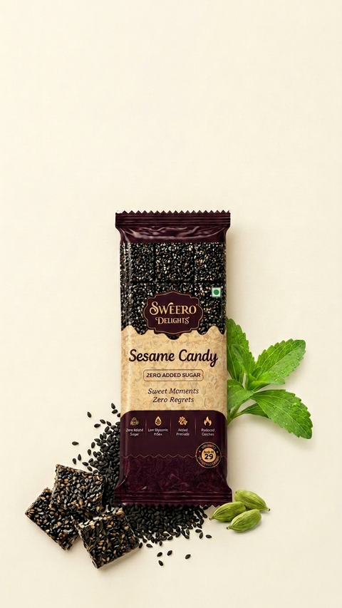 Sweero Delights Stevia Sesame candy package with sesame seeds and green leaves on a beige background
